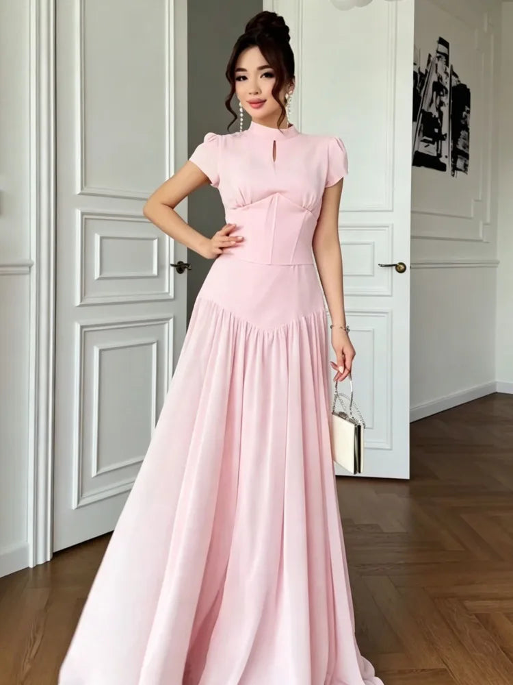 Autumn Stand Up Collar Short Sleeved Waist Cinching Patchwork Dresses