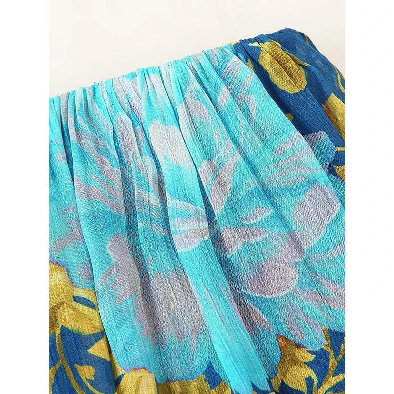 Sexy Off Shoulder Floral Print Chiffon Strapless Dresses Layered A-line Casual Summer Beach Dresses