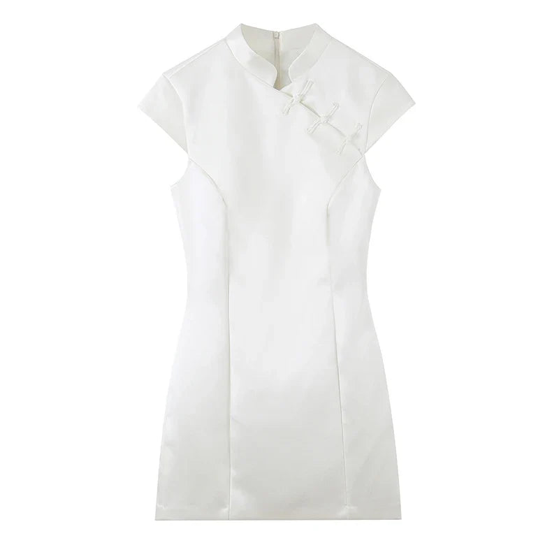 White Satin Mandarin Collar Cheongsam Dresses