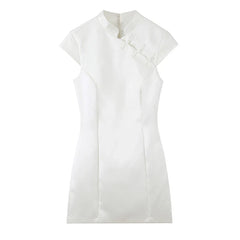 White Satin Mandarin Collar Cheongsam Dresses