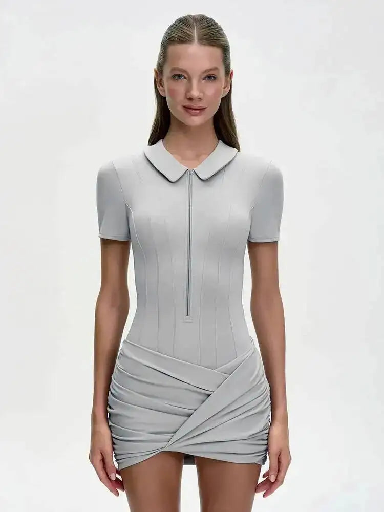 Simple Polo Collar Short Sleeved Slim Fit Hip Hugging Jumpsuit Clothing Summer 19DB1986
