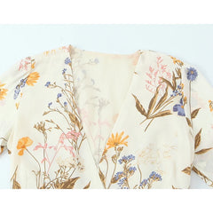 French Floral Print Cross V Neck Wrap Dresses