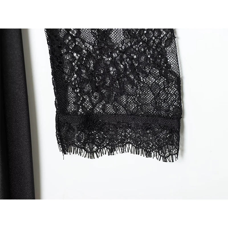 Lace Patchwork Black Satin Long Dresses