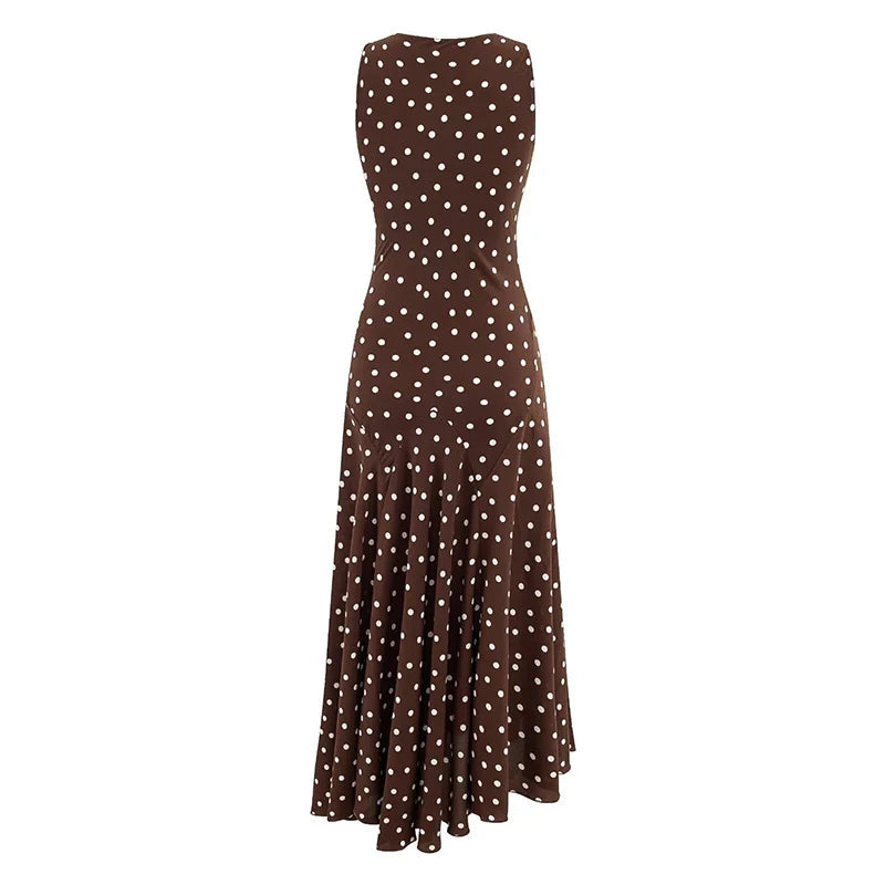 Brown Polka Dot Sleeveless Midi Dresses