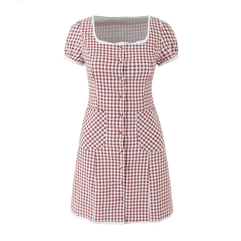 Lace Trim Plaid Mini Dresses