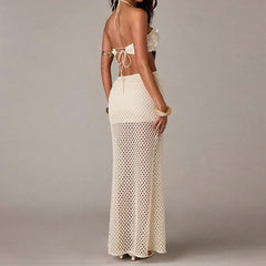 Simple Backless Lace Up Holiday Dresses Sequin Patchwork Knitted Woman Long Dresses