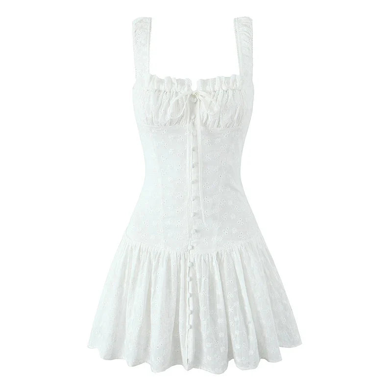 Sweet Floral Embroidery White Tank Dresses