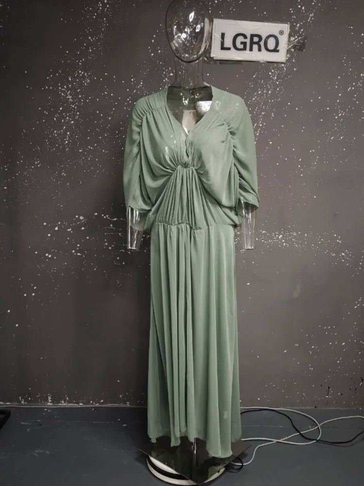 summer V-neck lantern batwing sleeves pleated green color slim high waist pullover loose Dresses
