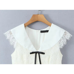 French Sweet Lace Mesh V Neck Bow Slim Mini Dresses