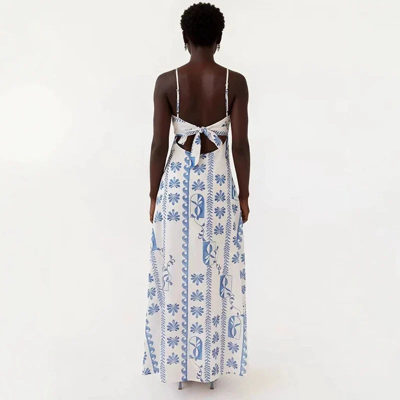 Blue Print V Neck Suspenders Summer Dresses