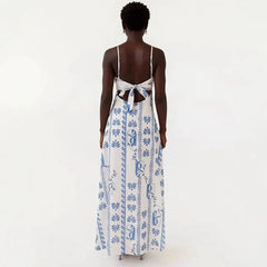 Blue Print V Neck Suspenders Summer Dresses