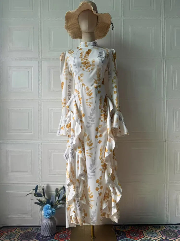 Sweet Printed High Neck Flared Sleeve Ruffle Splicing Dresses