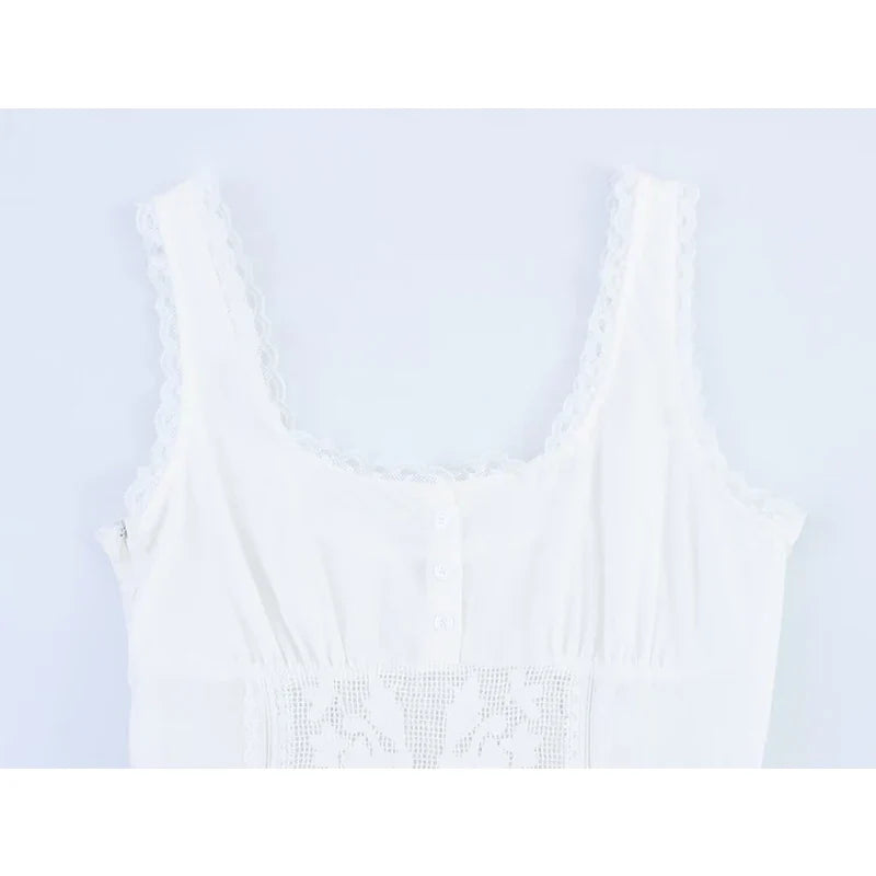 Sexy Lace Trim Embroidery White Tank Dresses