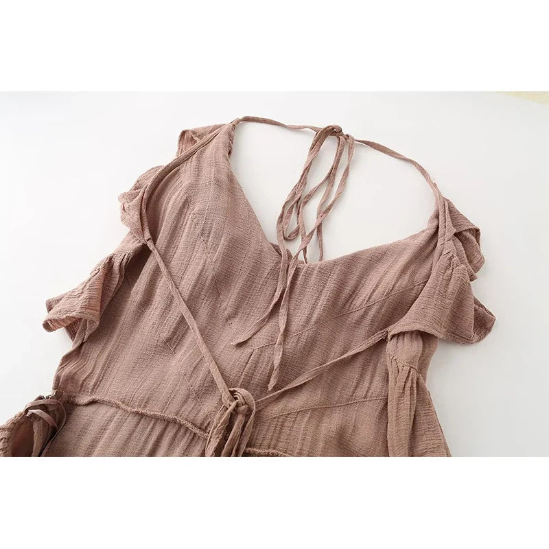 Brown Halter V-Neck Tiered Ruffle Mini Dresses