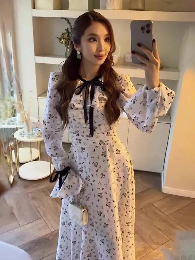 Sweet Printed Bandage Long Sleeved Slim Fit Midi Dresses