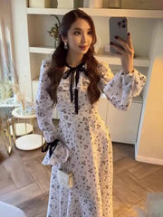 Sweet Printed Bandage Long Sleeved Slim Fit Midi Dresses