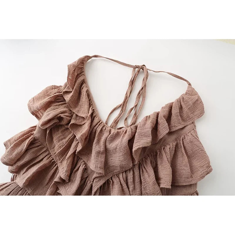 Brown Halter V-Neck Tiered Ruffle Mini Dresses