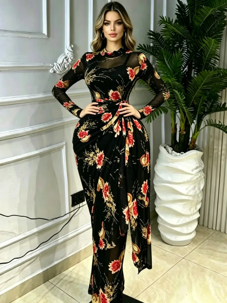 Print O-neck Ruched Ribbon Bodycon Long Maxi Dresses