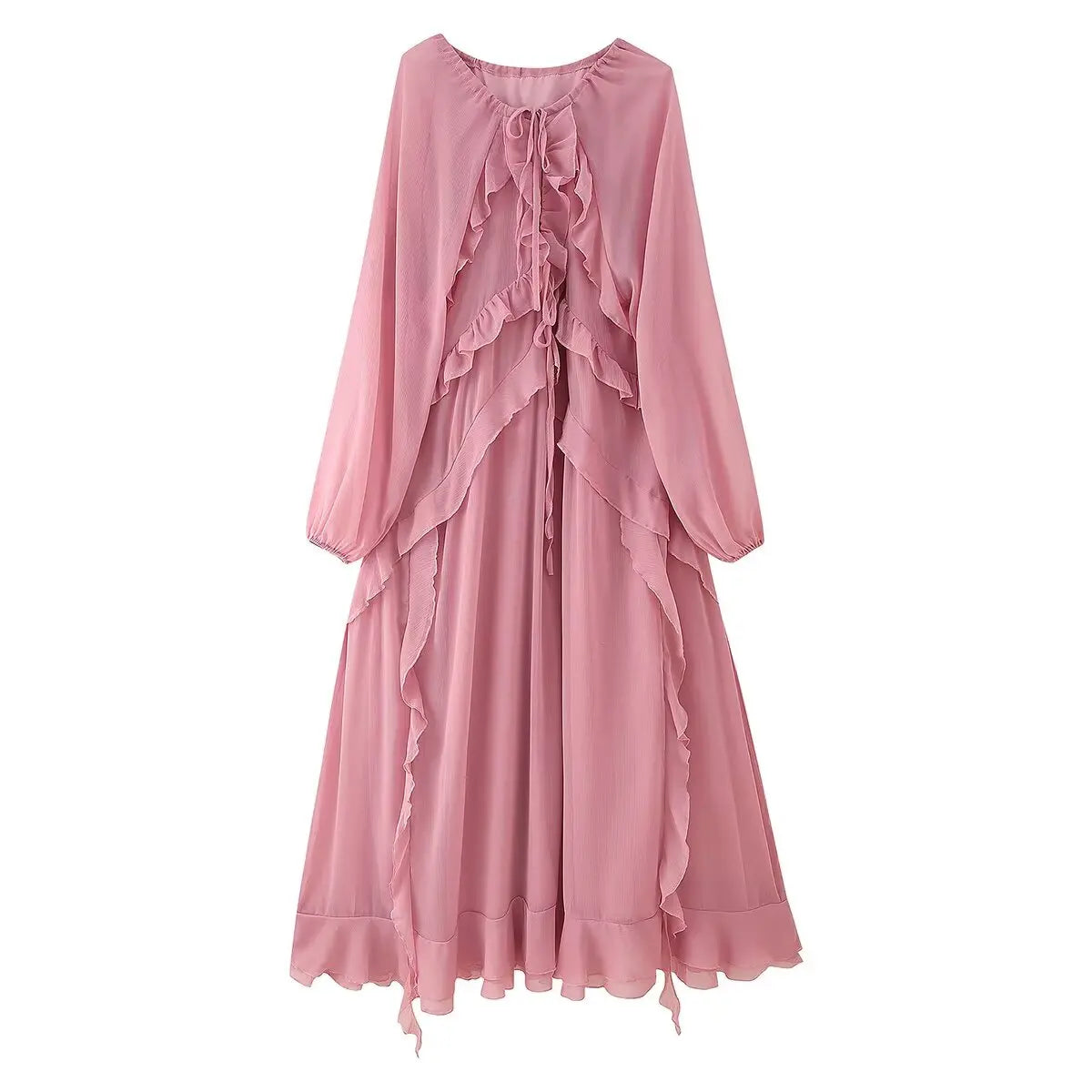 Cascade Ruffles Lace Up V Neck Chiffon Long Dresses Full Sleeve A-line Holiday Autumn Dresses
