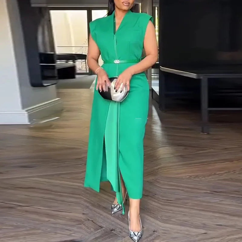 Office Ladies Sleeveless High Waist Casual Dresses