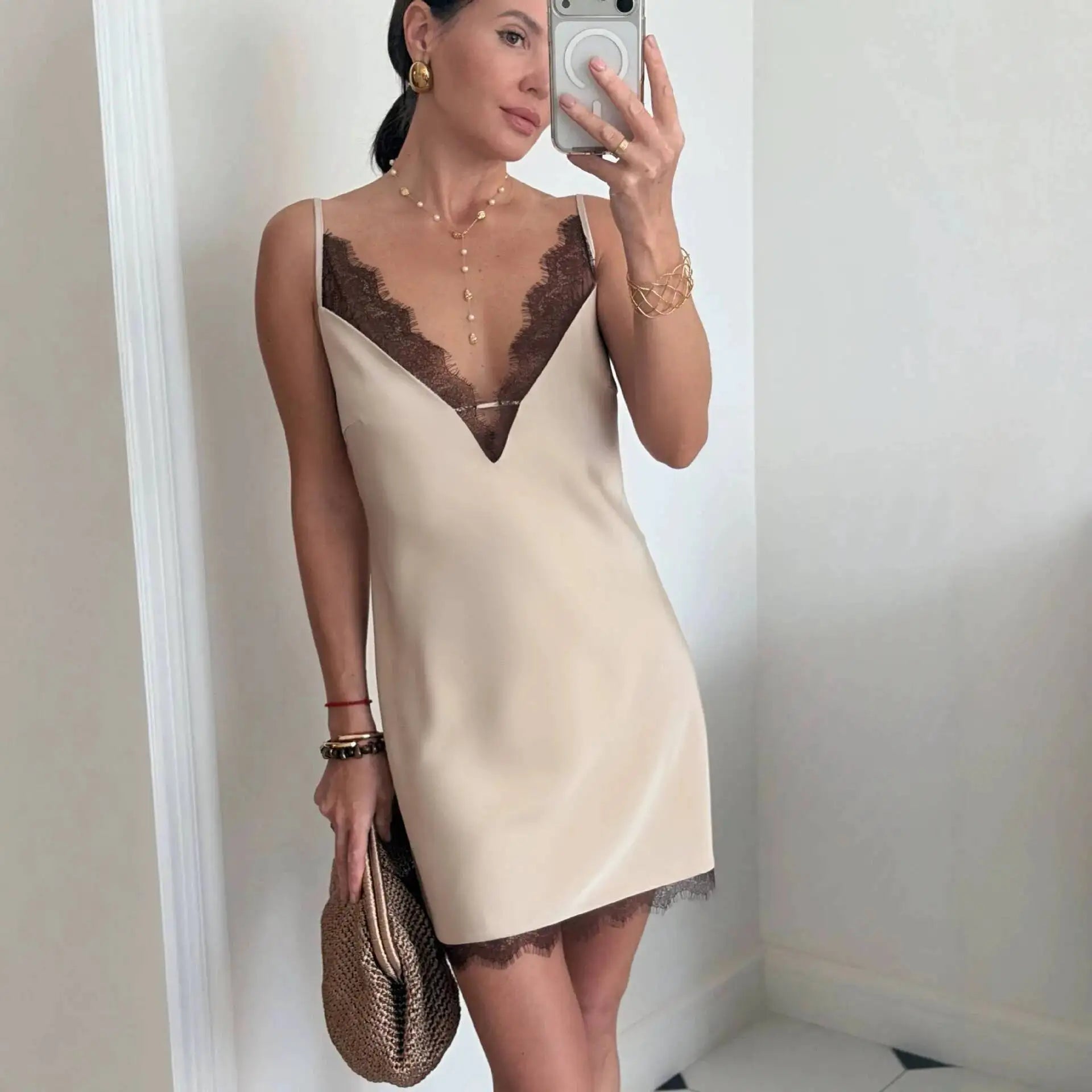 Casual V-neck Sleeveless Lace Patchwork Camisole Dresses