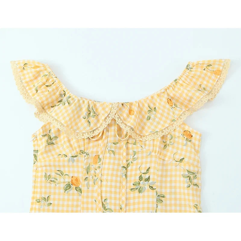 Floral Print Plaid Yellow Summer Dresses
