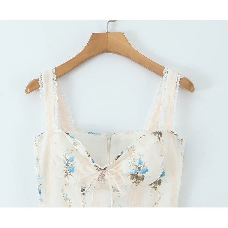 A-line Midi Elegant Party Dresses Sexy Wide Straps Lace Spliced Holiday Summer Floral Print Dresses