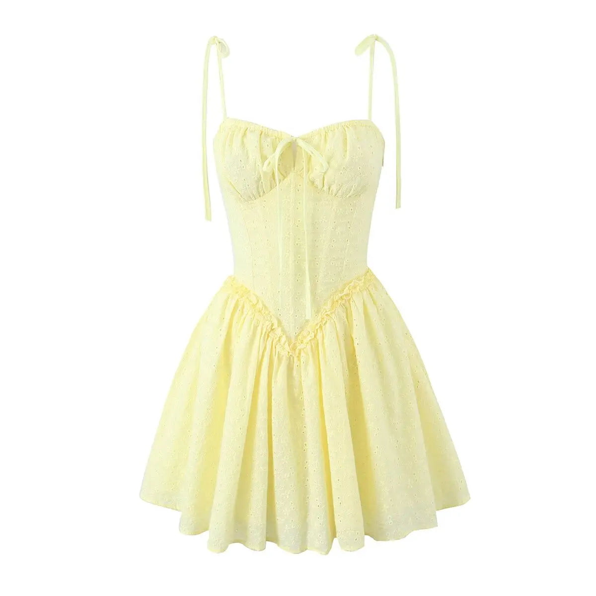 Sexy Elegant Hollow Out Embroidery Yellow Sling Mini Dresses