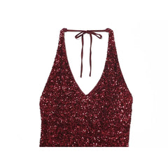 Backless Halter V Neck Sequin Long Dresses