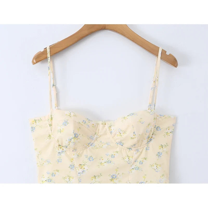 French Yellow Floral Print Sexy Sling Holiday Dresses