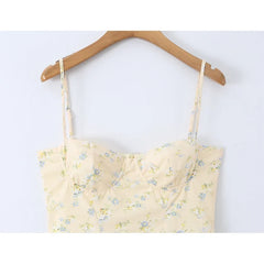 French Yellow Floral Print Sexy Sling Holiday Dresses