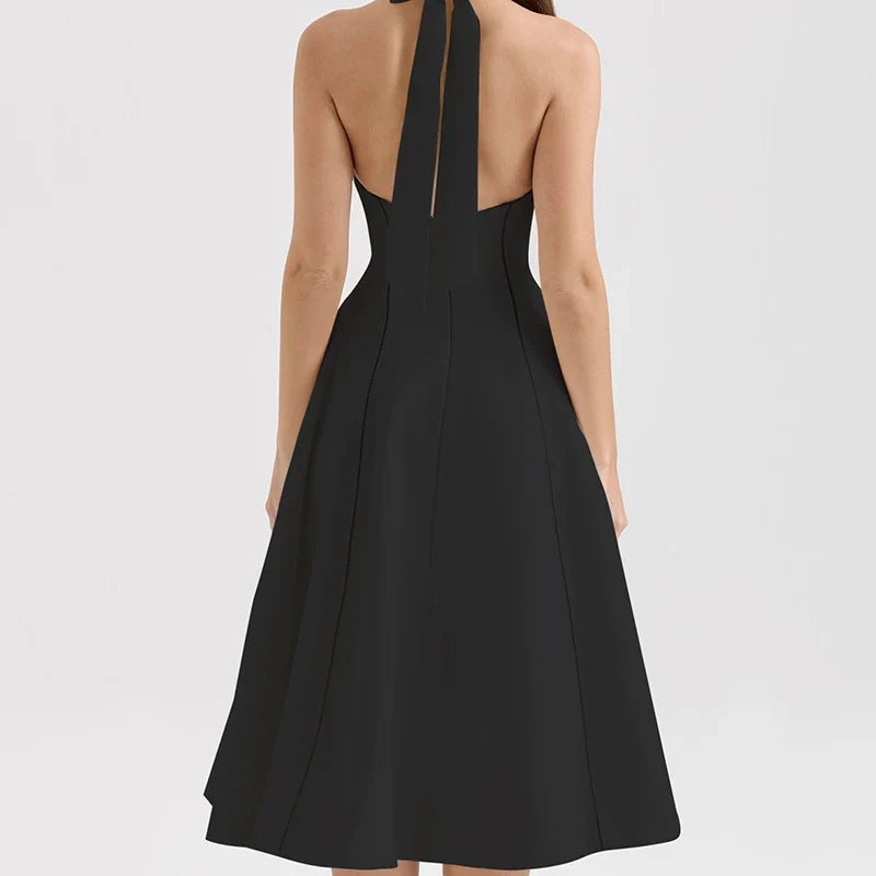 Vintage Elegant Black White Halter Midi Long Dresses A-line Slim Sexy Backless Dresses