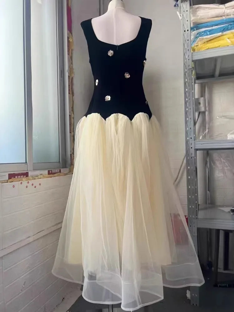 Summer Round Neck Sleeveless Slim High Waist Pullover Mesh Spliced Dresses