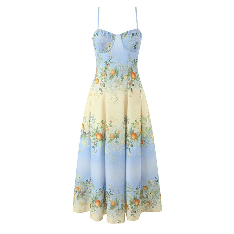 Sexy Spaghetti Straps Floral Print Boho Dresses Elegant A-line Midi Summer Vacation Dresses