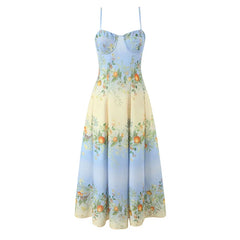 Sexy Spaghetti Straps Floral Print Boho Dresses Elegant A-line Midi Summer Vacation Dresses