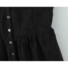 Front Button Sleeveless V Neck Floral Embroidery Black Dresses