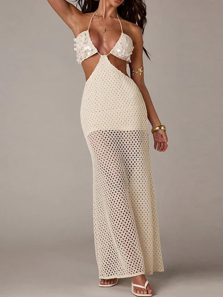 Simple Backless Lace Up Holiday Dresses Sequin Patchwork Knitted Woman Long Dresses