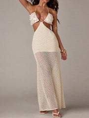 Simple Backless Lace Up Holiday Dresses Sequin Patchwork Knitted Woman Long Dresses