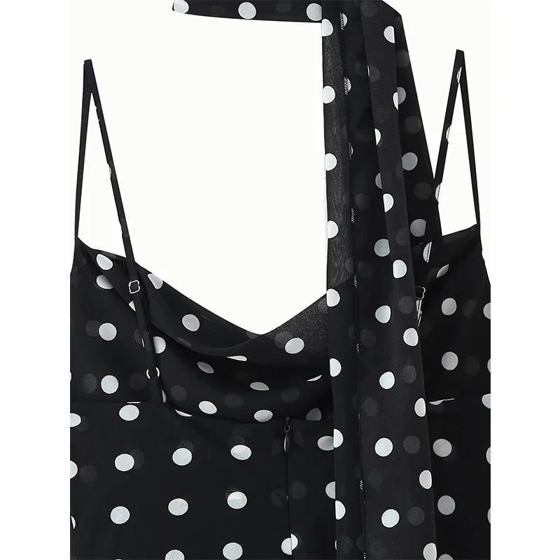 Retro Polk Dot With Scarf Sling Long Dresses Sexy V Neck Ruffle Summer Dresses
