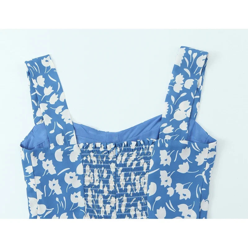 Sexy Hem Slit Blue Floral Print Tank Dresses
