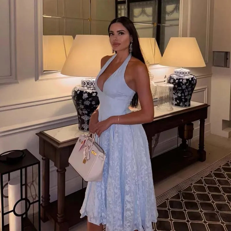 Sexy Backless Blue Jacquard Halter Holiday DressElegant A-line Midi Low Waist Summer Dresses Beach Robe