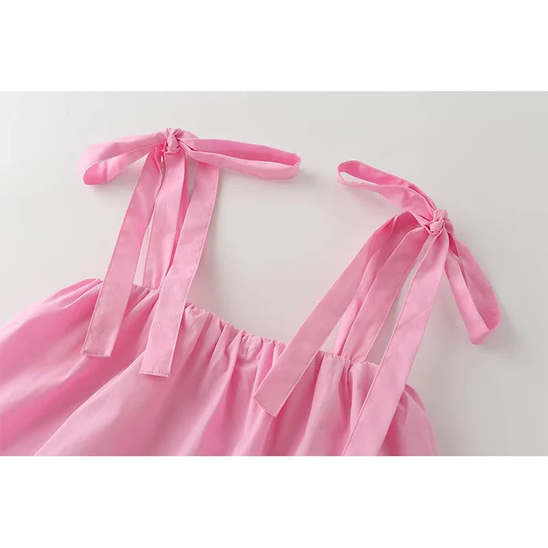 Pink Bow Tie Strap Tiered Midi Dresses