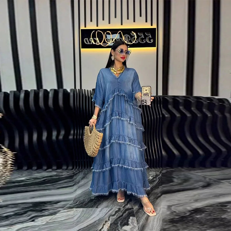Solid Color V-neck Frayed Edge Patchwork Denim Dresses