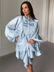 Simple Casual Round Neck Lantern Sleeve Layered Ruffle Edge Dresses