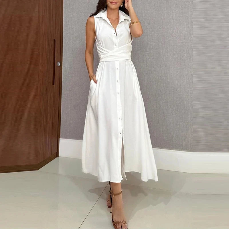 Office Ladies Lapel High Waist Long Dresses