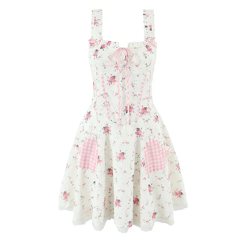 Sweet Floral Print Plaid Spliced Summer Mini Dresses