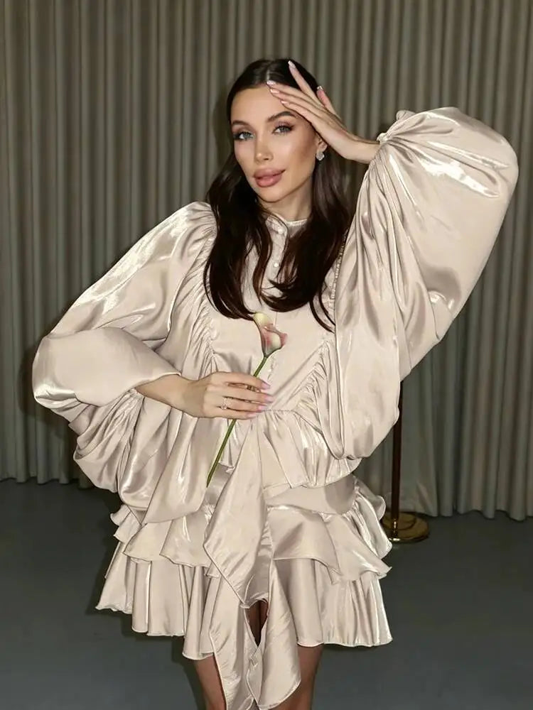 Simple Casual Round Neck Lantern Sleeve Layered Ruffle Edge Dresses