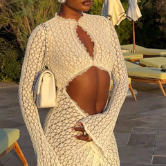 Seaside Beach Hollow Out Long Sleeved Woman Dresses