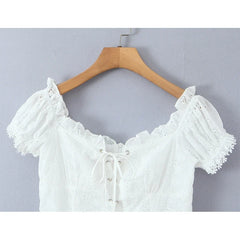 Front Lace Up Floral Embroidery White Sexy Off Shoulder Dresses