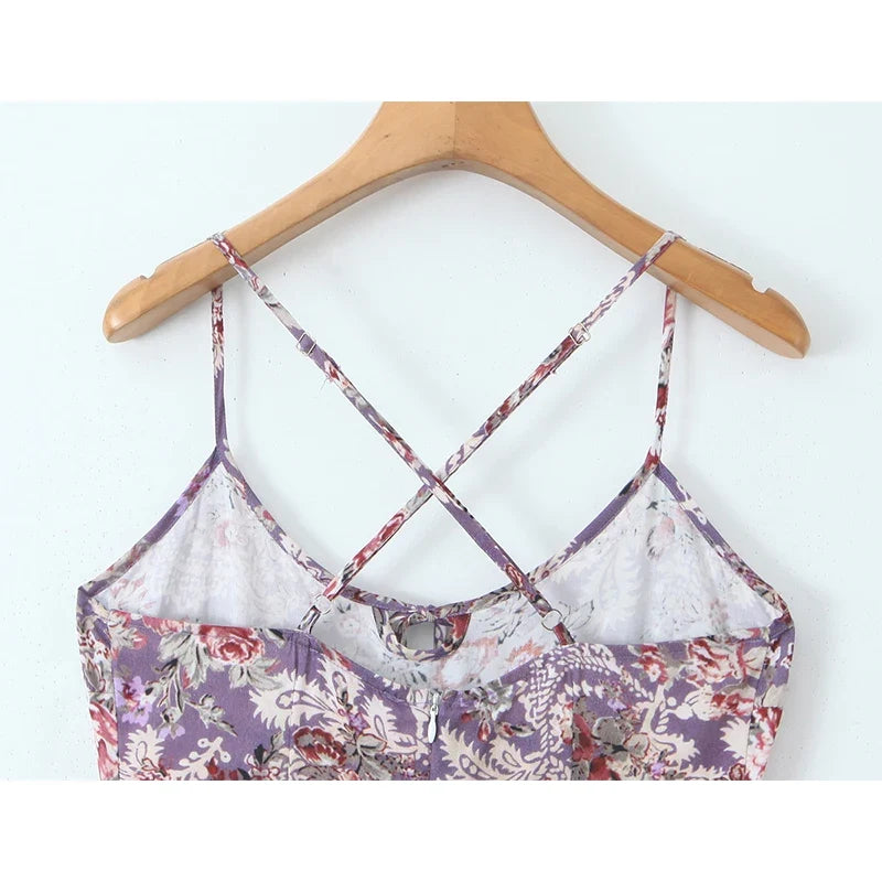 Purple Floral Print Big Swing Sling Boho Dresses